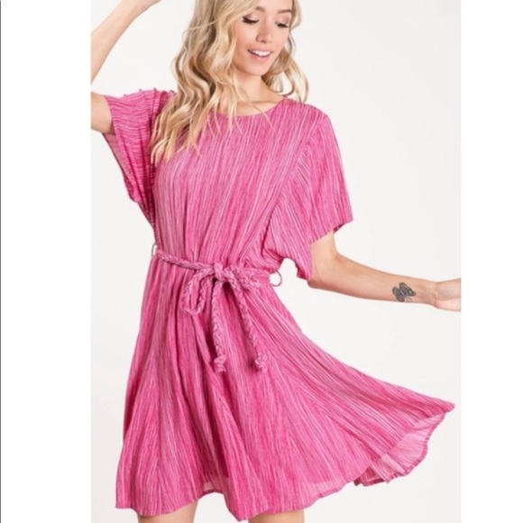 New! Clearance 🔥 Fuchsia Pink Braided Waist Rope Flutter Sleeve Dress - Picture 3 of 4